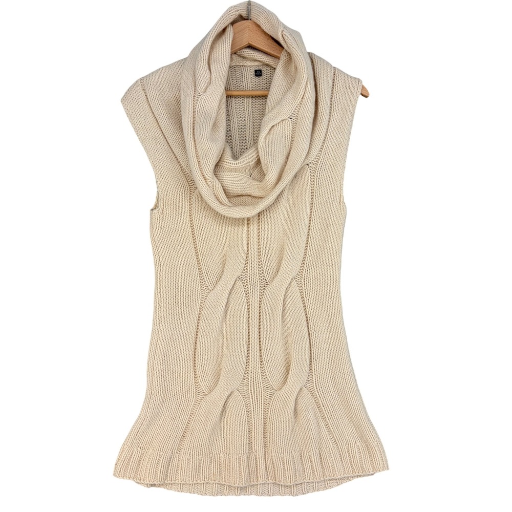100% Cashmere Cowl Neck Cable Knit Womens Tunic Sleeveless Sweater Vest Cream XS